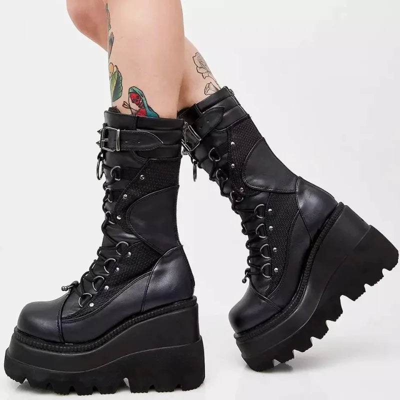 Women's Gothic Platform Boots – Rivet Punk High Heel Wedge Platform Boots Axl