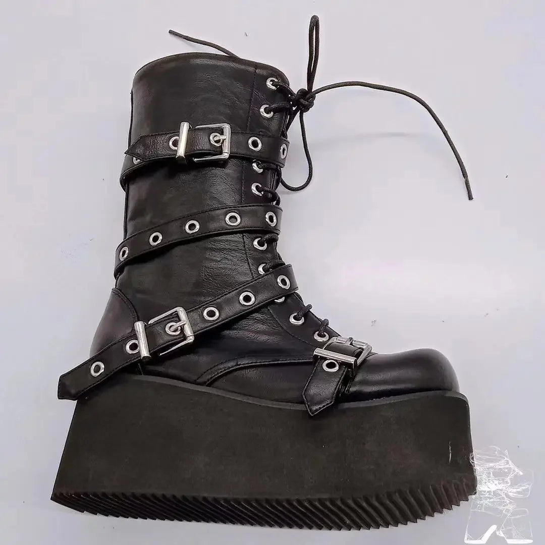 Women's Plus Size Punk Goth Combat Boots – Wedge Buckle Lace-Up Women's Combat Boots Axl