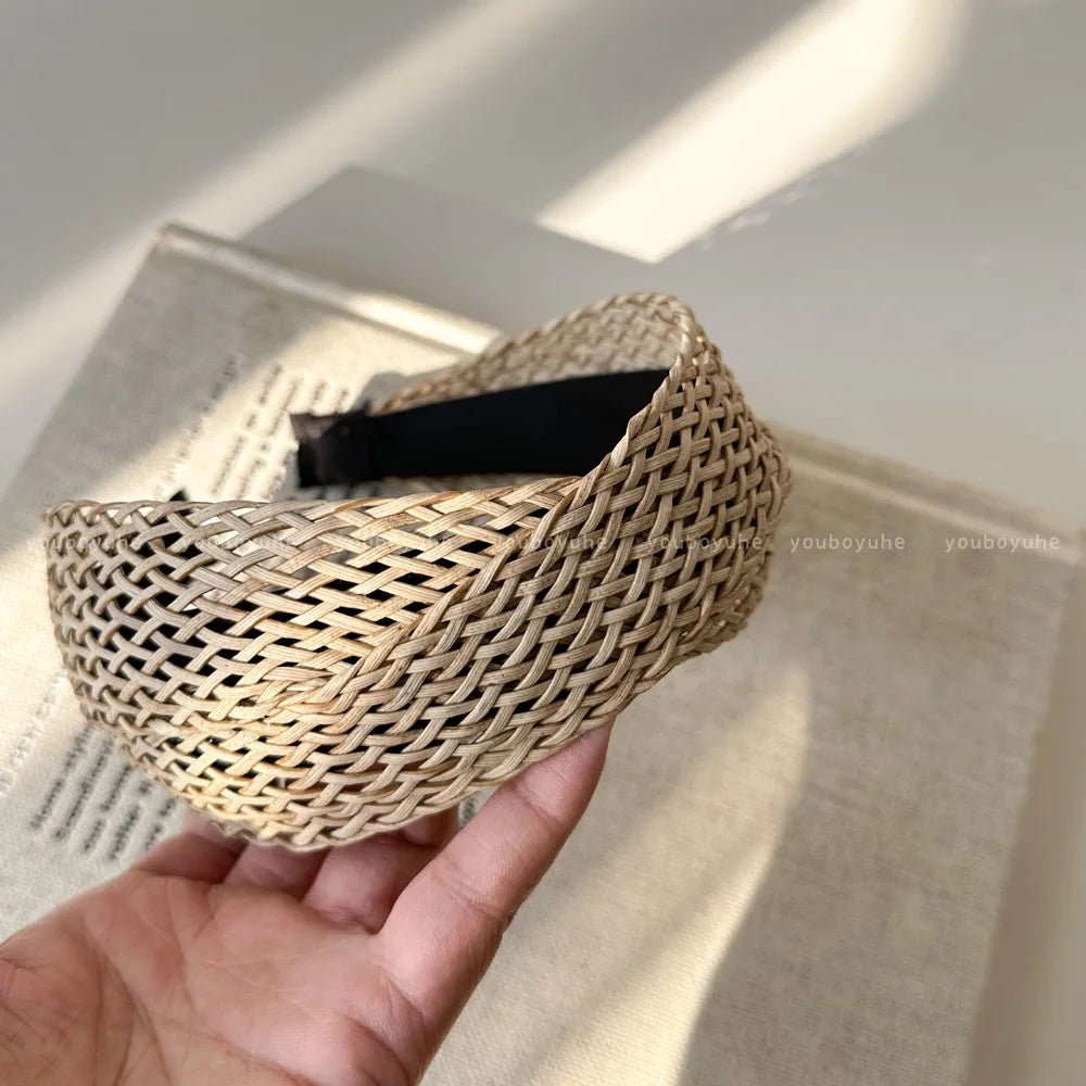 Hollow Straw Weave Headband – Boho Wide Hair Hoop for Women Woven Hair Headband Axl Beige