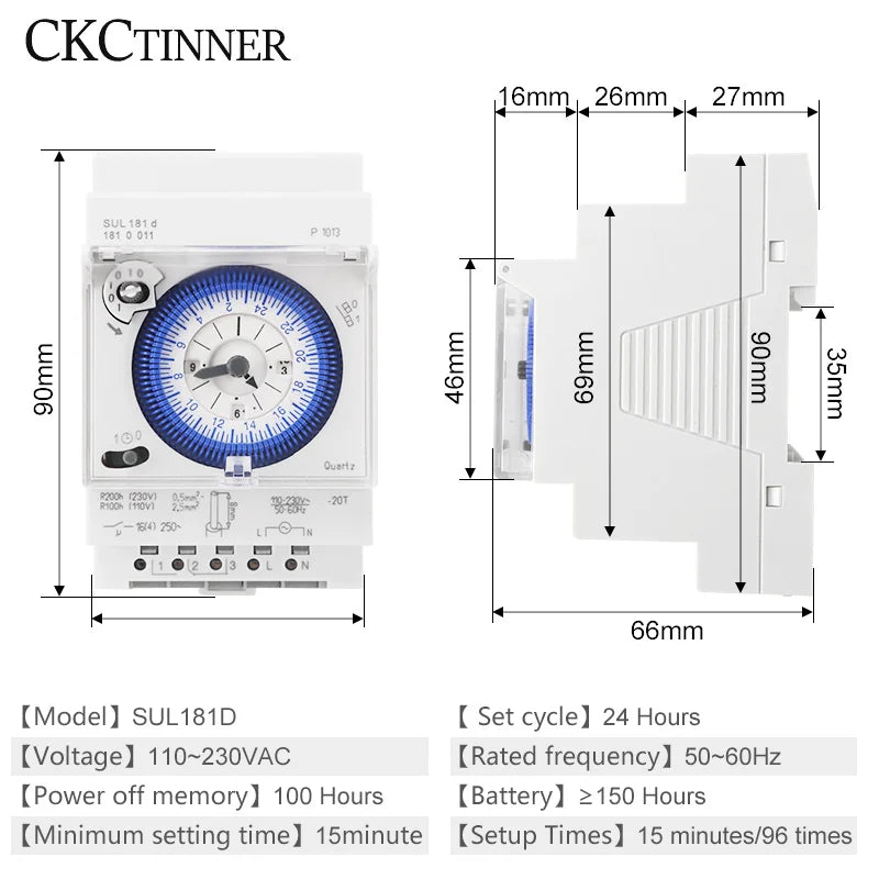 DIN Rail Mechanical Timer Switch 24H 96 Segments 16A | SUL181D Mechanical Timer Switch Axl