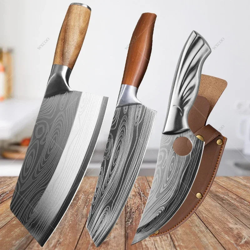 Japanese Damascus Pattern Chef Knife Set – Stainless Steel Kitchen Knife Set Axl 3pcsABC