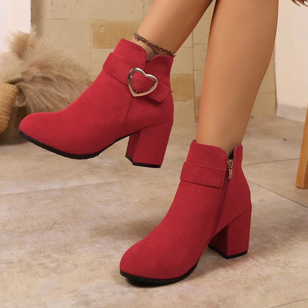 Women's Faux Suede Ankle Boots – Metal Buckle Square Heel Women's Ankle Boots Axl
