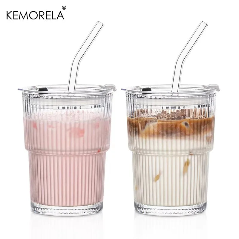 KEMORELA 380ml Striped Glass Cup with Lid & Straw | 1 or 2 Pack Glass Drinkware Set Axl 2PCS 380ml
