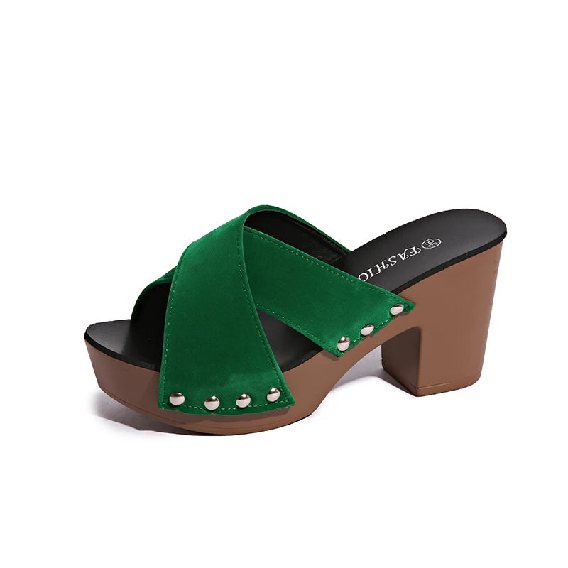 Women's Platform Sandals – Waterproof Square Heel Slides Platform Sandals Axl 35 green