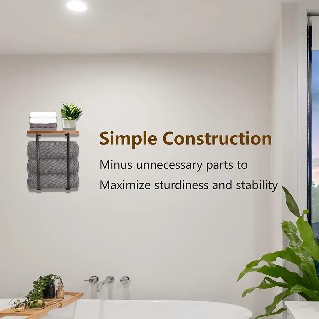 Black Wall Towel Rack with Wood Shelf | Bathroom Organizer Wall Towel Rack Axl