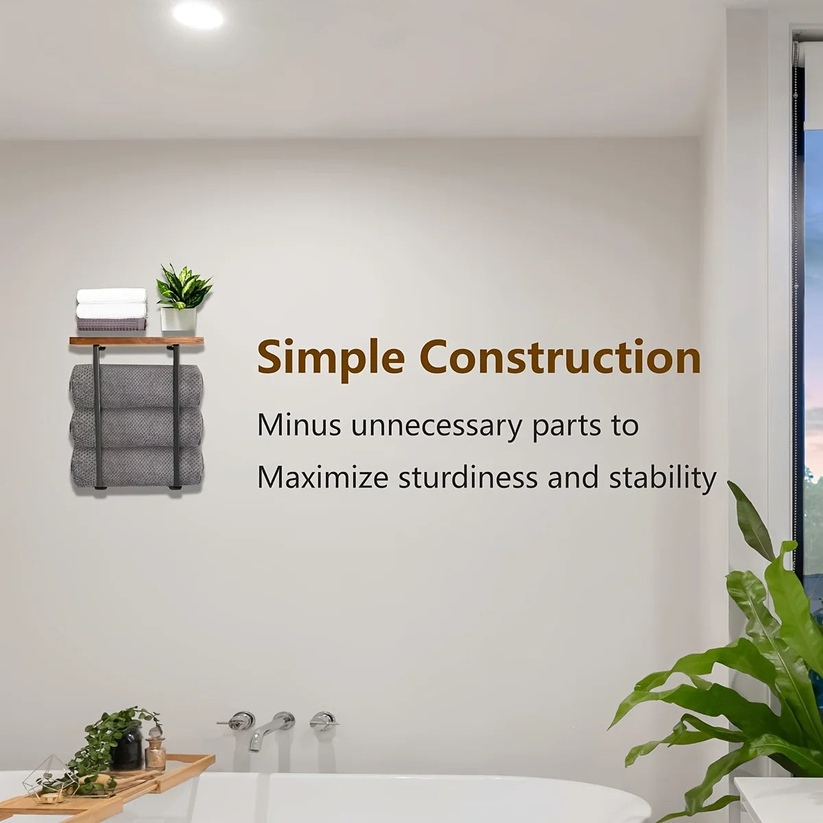 Black Wall Towel Rack with Wood Shelf | Bathroom Organizer Wall Towel Rack Axl