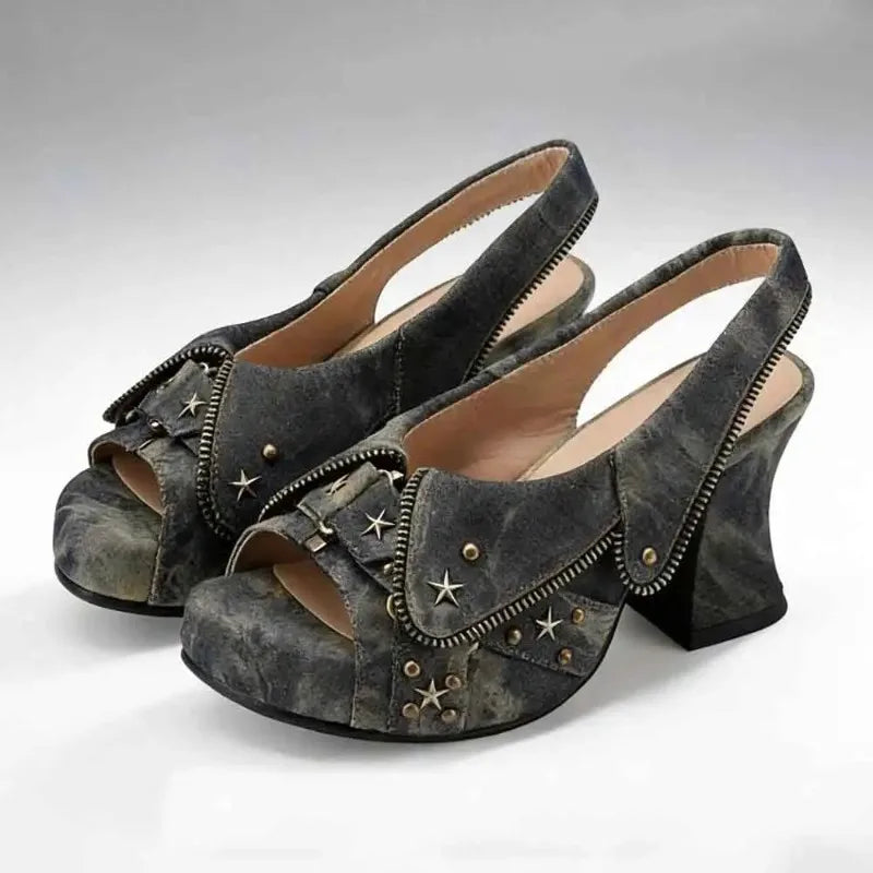 Y2K Star Rivet Denim Platform Sandals – Peep Toe Slingback Heels Platform Sandals Axl