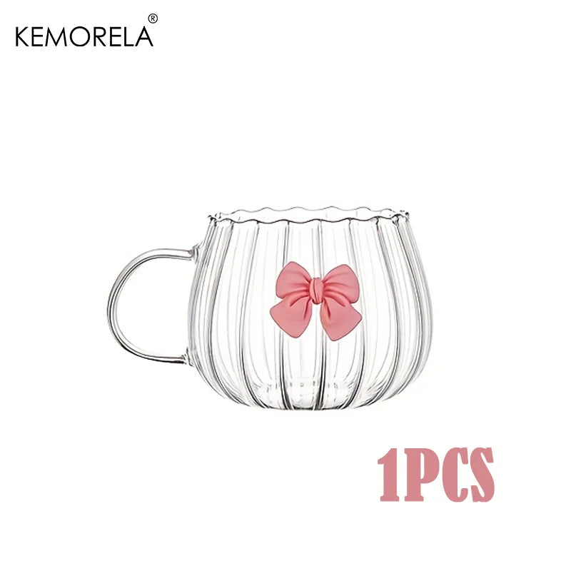 Glass Pumpkin Coffee Mugs with Pink Bows & Handle | 1–2 Pack Glass Coffee Mug Axl 1PCS 250ML