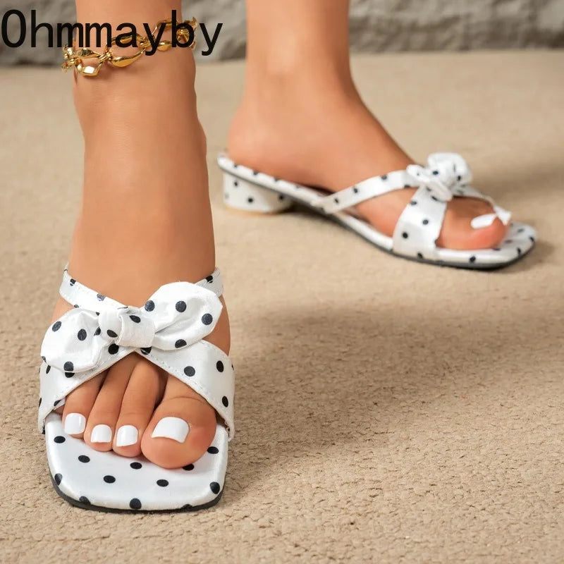 Women's Polka Dot Butterfly-Knot Mid Heel Slides | Summer Slippers Mid Heel Slides Axl