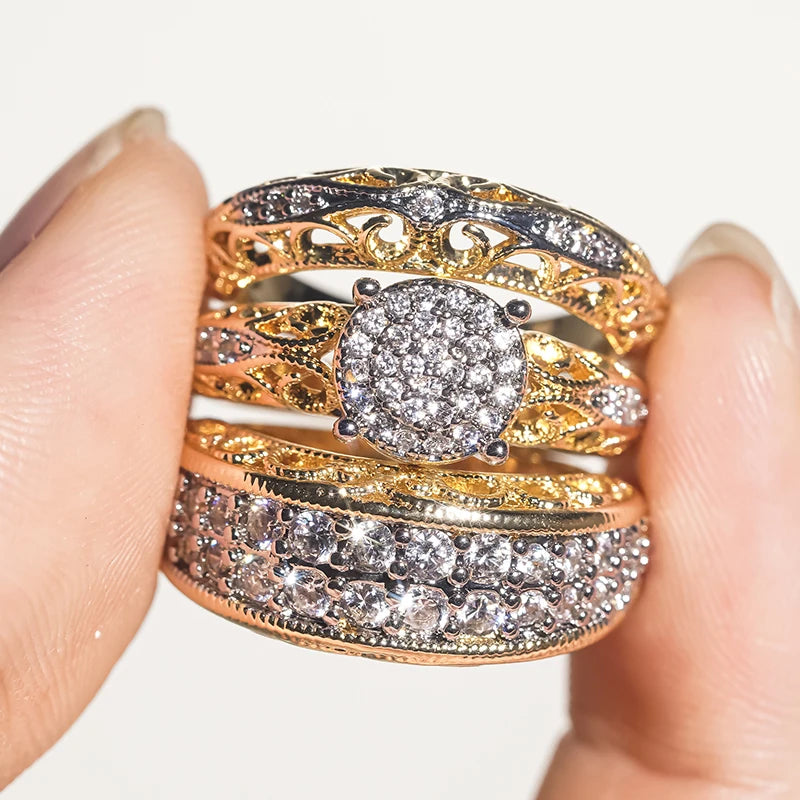 Huitan 3-Piece CZ Bridal Ring Set – Two-Tone Women's Rings Bridal Ring Set Axl