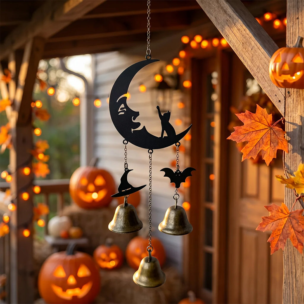 Gothic Moon Cat Metal Wind Chime – Halloween Bat & Witch Hat Metal Wind Chime Axl