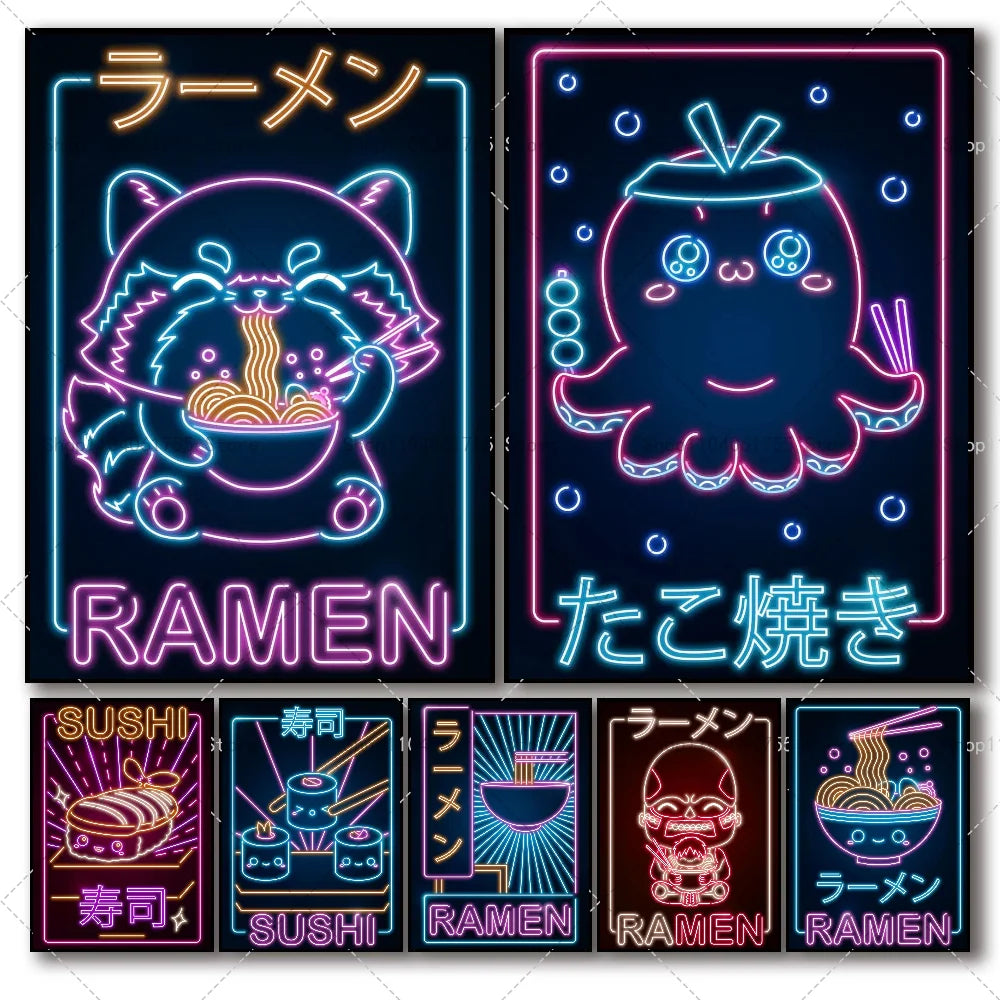 Neon Retro Japanese Ramen Sushi Cat Wall Poster Sticker Wall Poster Sticker Axl