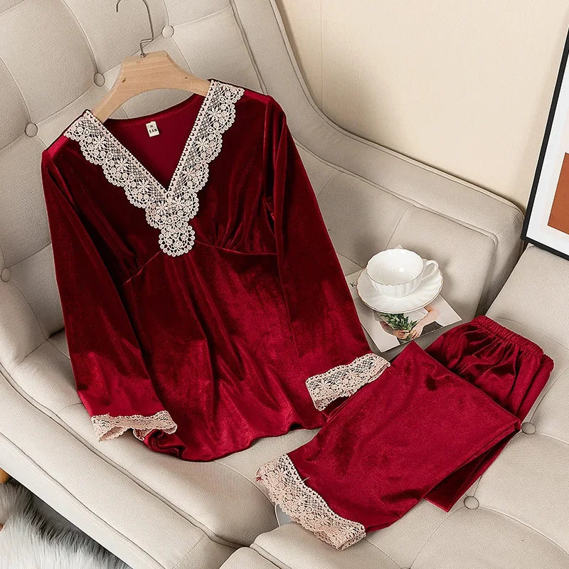 Women's Velvet Pajama Set – Long Sleeve Lace Trim Sleepwear Velvet Pajama Set Axl red-2 L