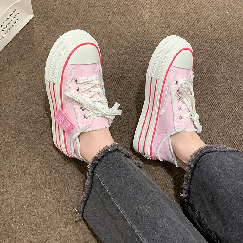 Women's Platform Canvas Sneakers – Casual Lace-Up Half Slipper Platform Canvas Sneakers Axl