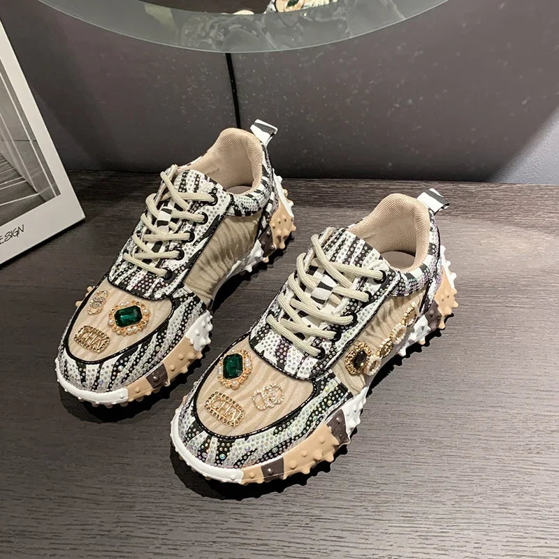 Women's Rhinestone Platform Sneakers – Glam Thick Sole Shoes Platform Sneakers Axl Khaki 39