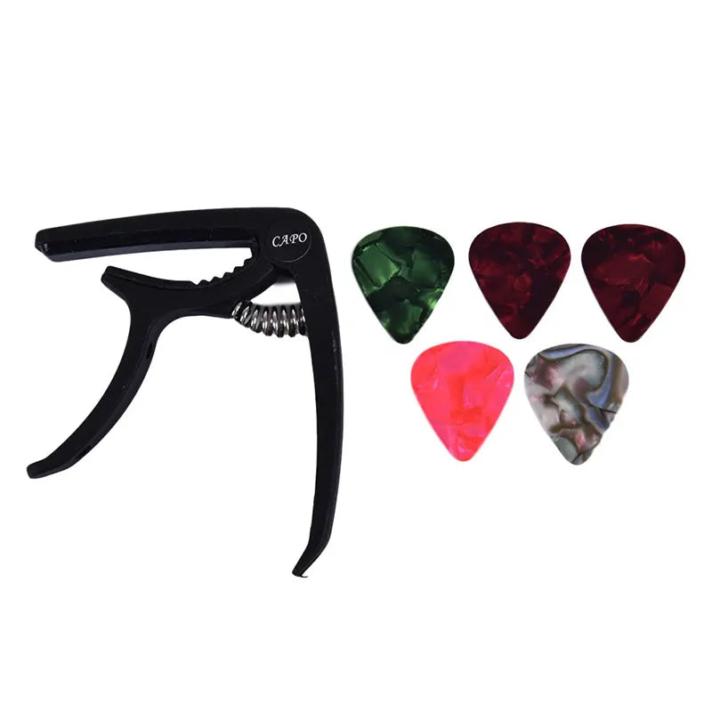 Guitar Capo & 5 Picks Set – Acoustic, Electric & Ukulele Guitar Accessory Set Axl Black