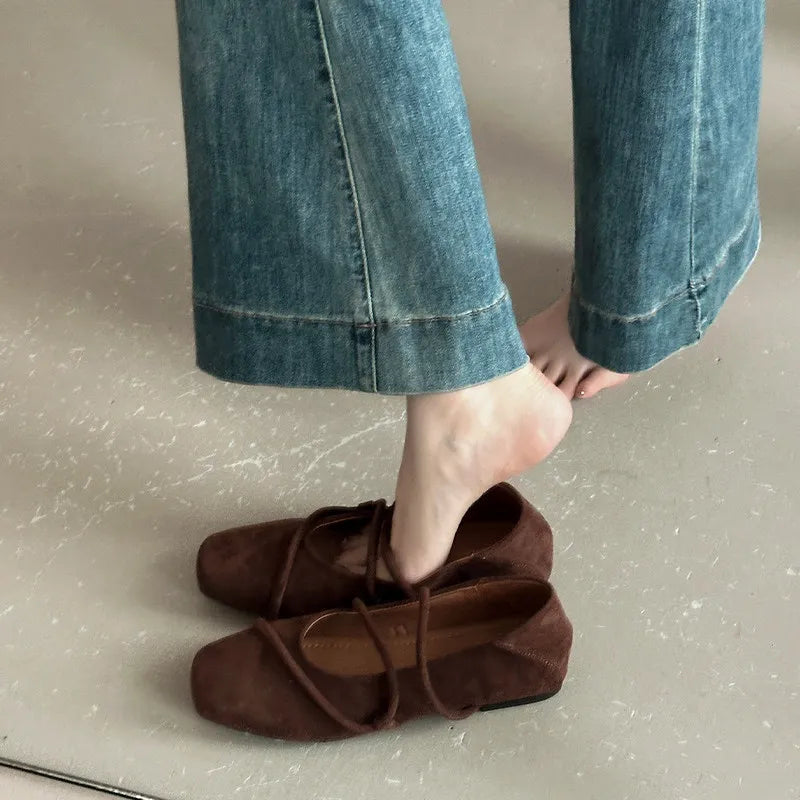 Women's Double Strap Mary Jane Flats – Vintage Suede Square Toe Mary Jane Flats Axl