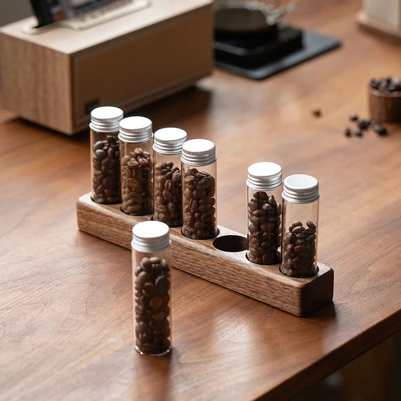 Glass Coffee Bean Storage Jars & Walnut Wood Display Stand Glass Storage Jar Set Axl