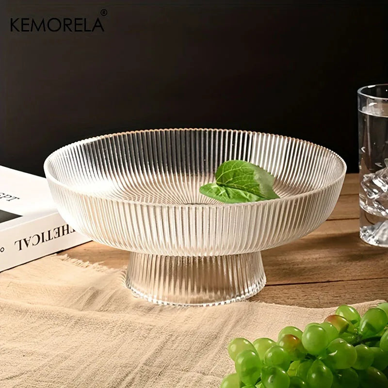 KEMORELA Glass Fruit Bowl with Feet – Striped Snack Tray Glass Fruit Bowl Axl