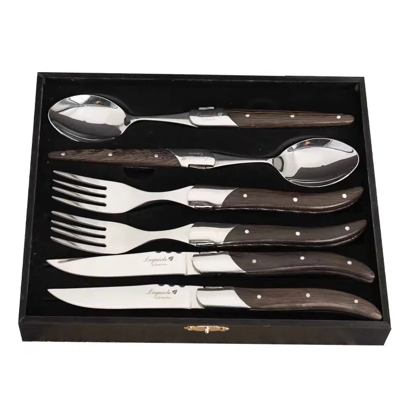 6-Piece Laguiole-Style Steak Cutlery Set – Wenge Wood Handle Cutlery Flatware Set Axl 6 cutlery box