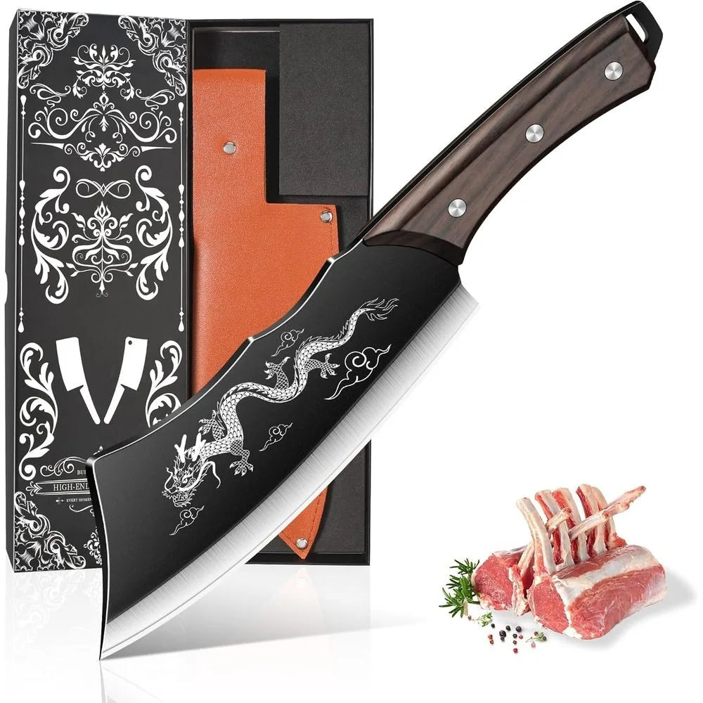 PLYS 8-Inch High Carbon Steel Butcher Knife & Leather Sheath Butcher Knife Axl Style B