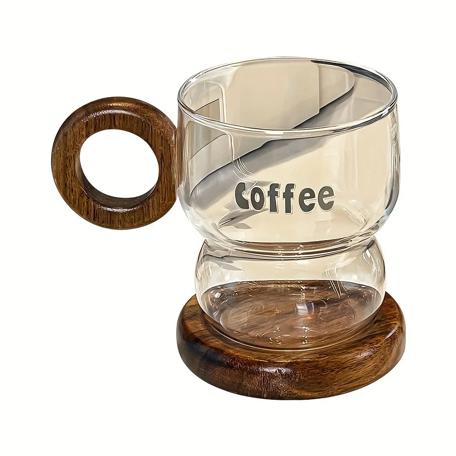 Transparent Glass Coffee Mug with Wooden Handle & Coaster Glass Coffee Mug Axl 1PCS 300ML