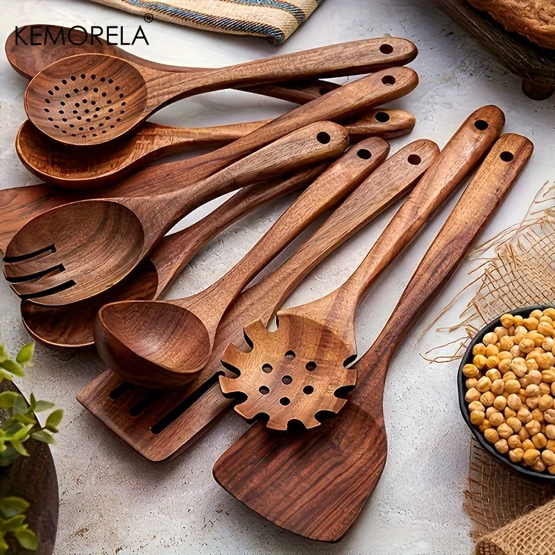10-Piece Natural Wooden Cooking Utensils Set – Spoons & Ladles Wooden Cooking Utensils Axl