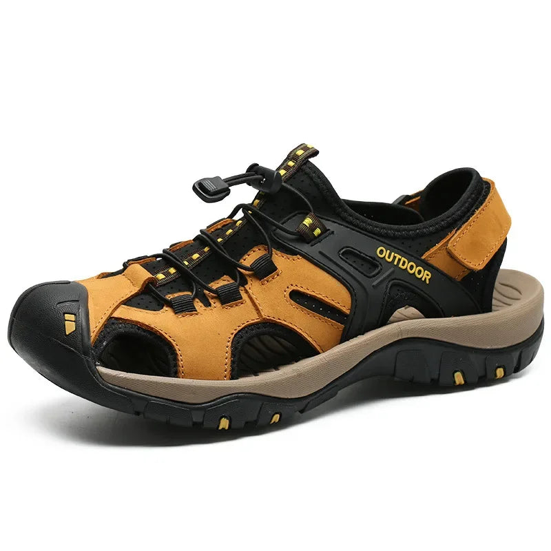 YBQJOO Men's Genuine Leather Outdoor Sandals | Non-Slip Men's Leather Sandals Axl golden 48