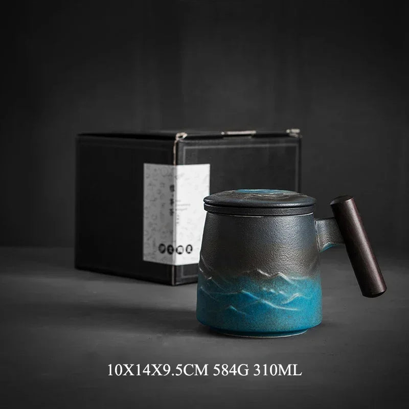 Retro Ceramic Coffee Mug with Lid & Wooden Handle | Gift Box Ceramic Coffee Mug Axl 2 301-400ml