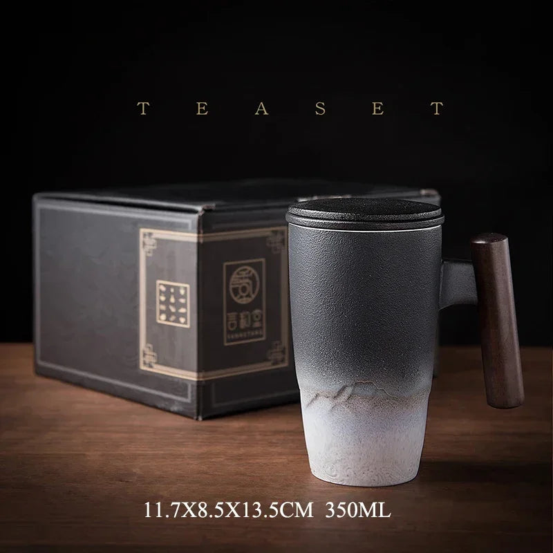 Retro Ceramic Tea Mug with Lid, Filter & Wooden Handle Ceramic Tea Mug Axl 4 350ML