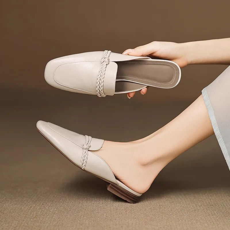 Women's Low Heel Half Slippers – Soft PU Leather Slide Sandals Women's Slide Sandals Axl Creamy-white 40