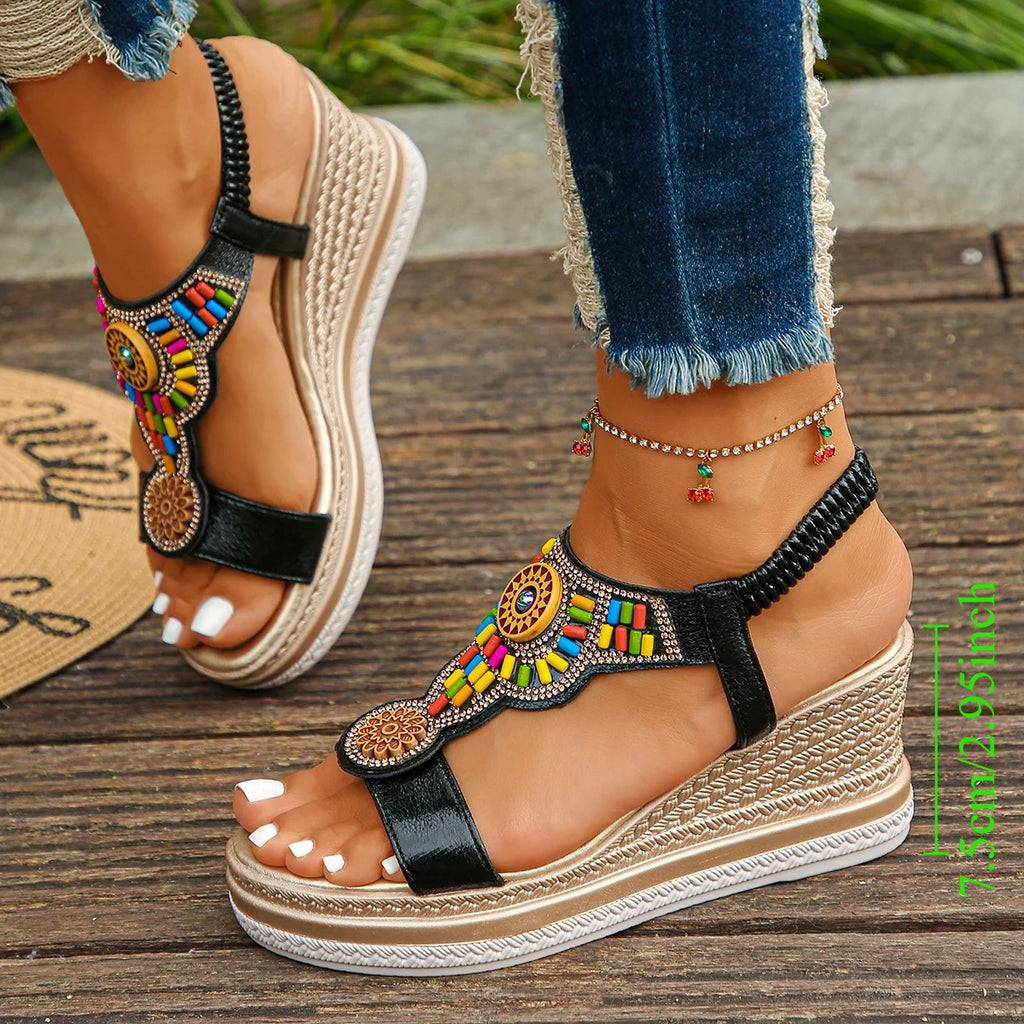 Women's Bohemian Wedge Sandals – Colorful Bead Beach Shoes Wedge Sandals Axl black 38