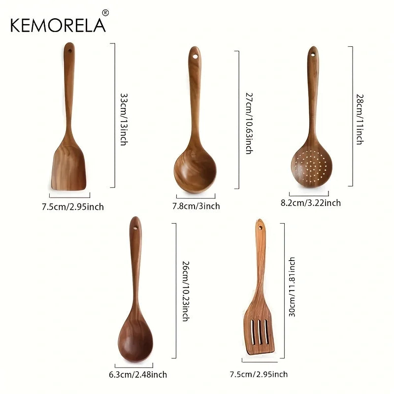 5-Piece Teak Wood Kitchen Utensil Set – Ladle, Turner & Scoop Wood Kitchen Utensil Set Axl