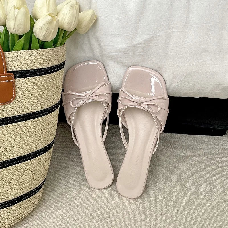 Women's Low Heel Butterfly-Knot Open Toe Slide Slippers Women's Slide Slippers Axl Nude 40