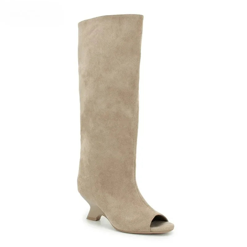 Women's Slouchy Knee-High Wedge Boots – Open Toe Wide Calf Knee-High Boots Axl