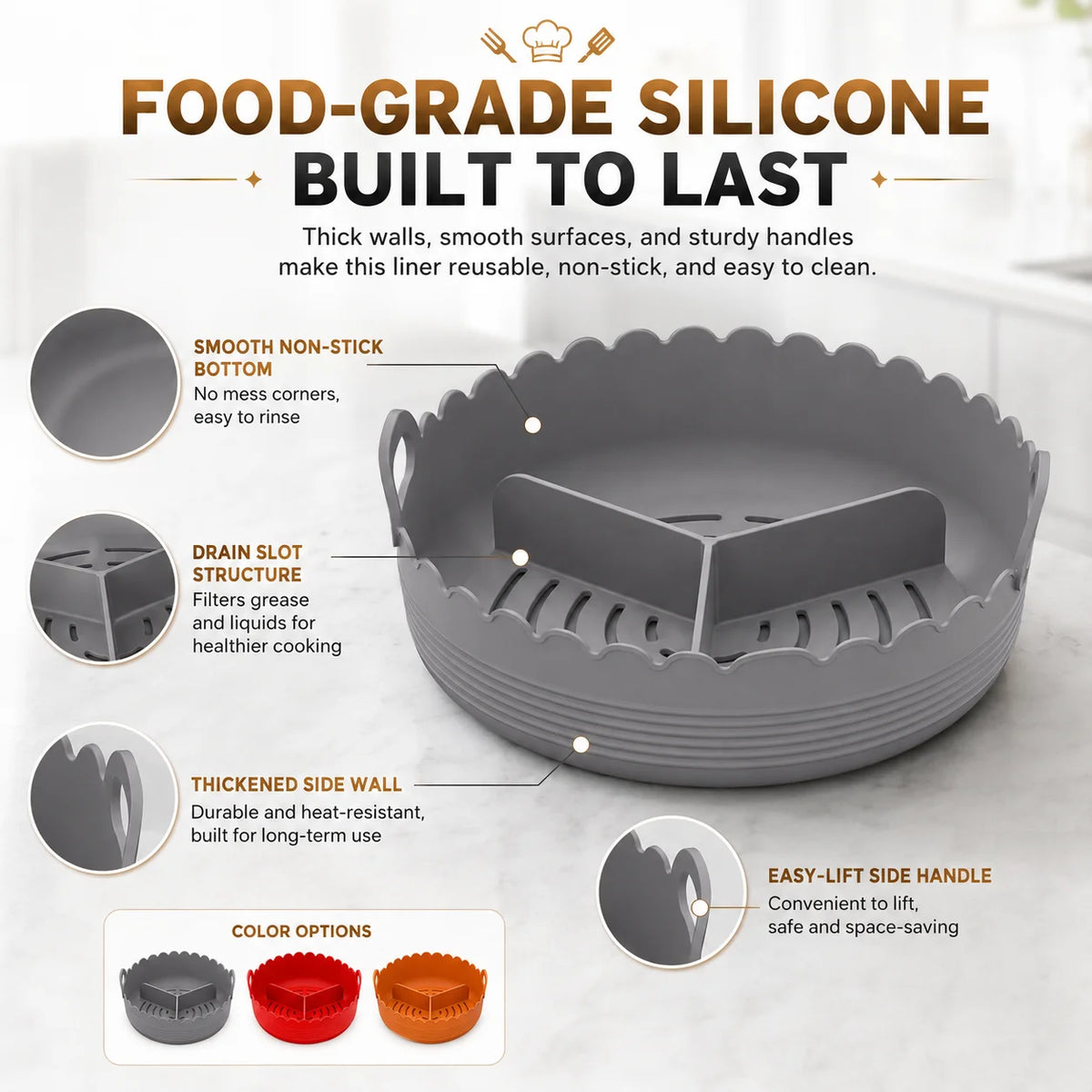 Silicone Air Fryer Liner – 3-Compartment Divider & Grease Filter Silicone Baking Liner Axl