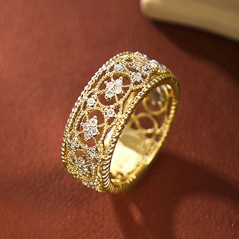 Huitan Vintage Hollow CZ Ring – Gold Tone Women's Jewelry Fashion Ring Axl