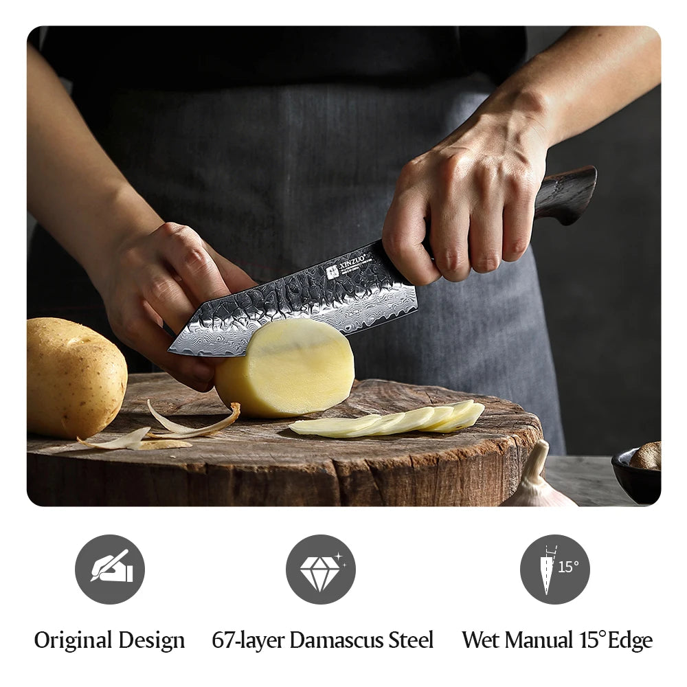 XINZUO Damascus Santoku Knife 5.7" – 67-Layer Steel & Oak Handle Santoku Kitchen Knife Axl
