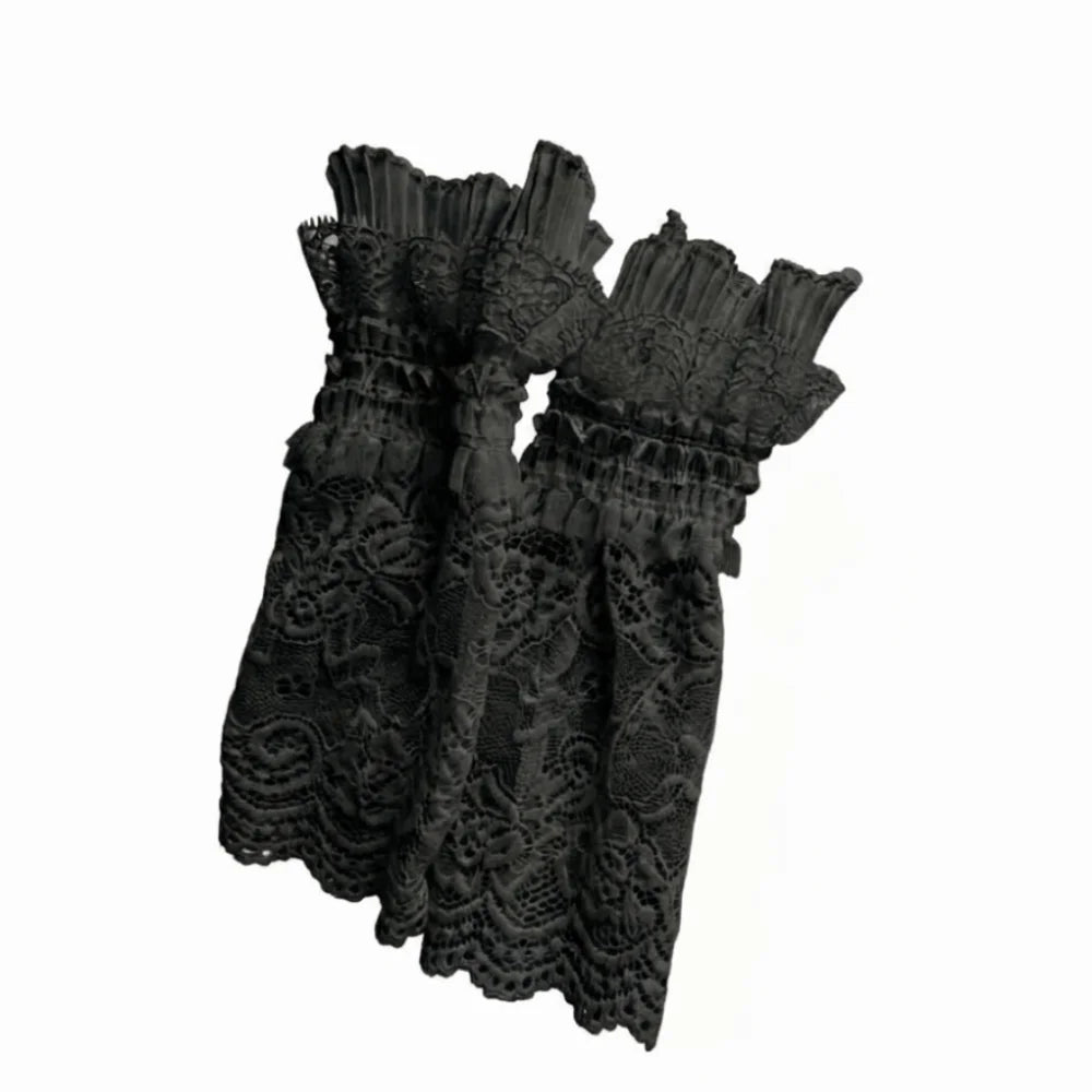 Lace Trim Arm Sleeves – Mesh Ruffle Fingerless Wrist Cuffs Lace Arm Sleeves Axl Black