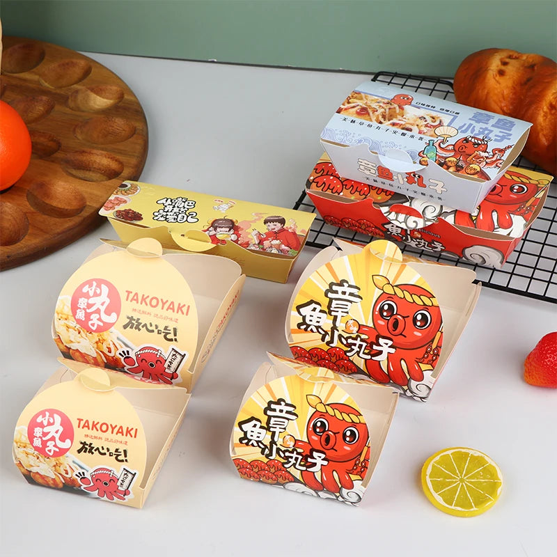 50-Pack Takoyaki Boxes – Disposable Octopus Ball Packaging Disposable Food Box Axl