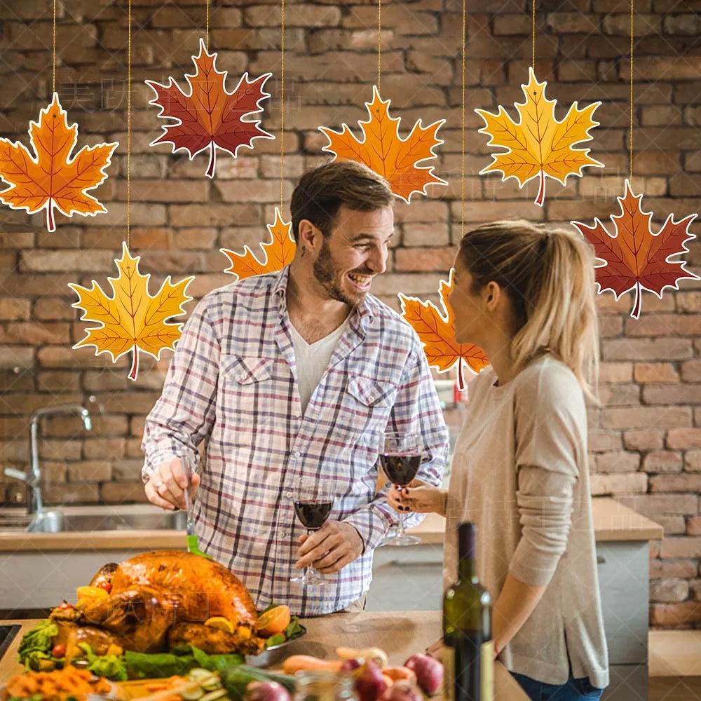 16-Piece Autumn Maple Leaf Hanging Decorations – Thanksgiving Seasonal Party Decor Axl