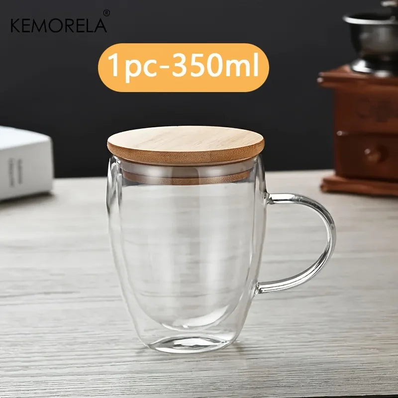 KEMORELA Double Wall Glass Coffee Mug 350/450ml – Bamboo Lid Glass Coffee Mug Axl 350ML 301-400ml