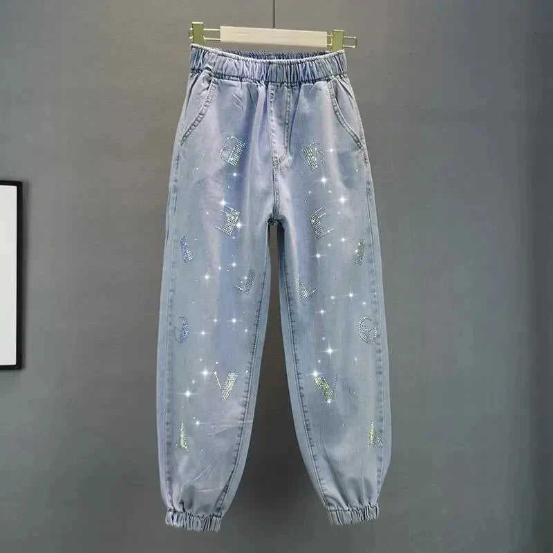 Women's Ripped Jeans Rhinestone Beaded High Waist Cropped Embellished Denim Jeans Axl Blue letter S China Mainland
