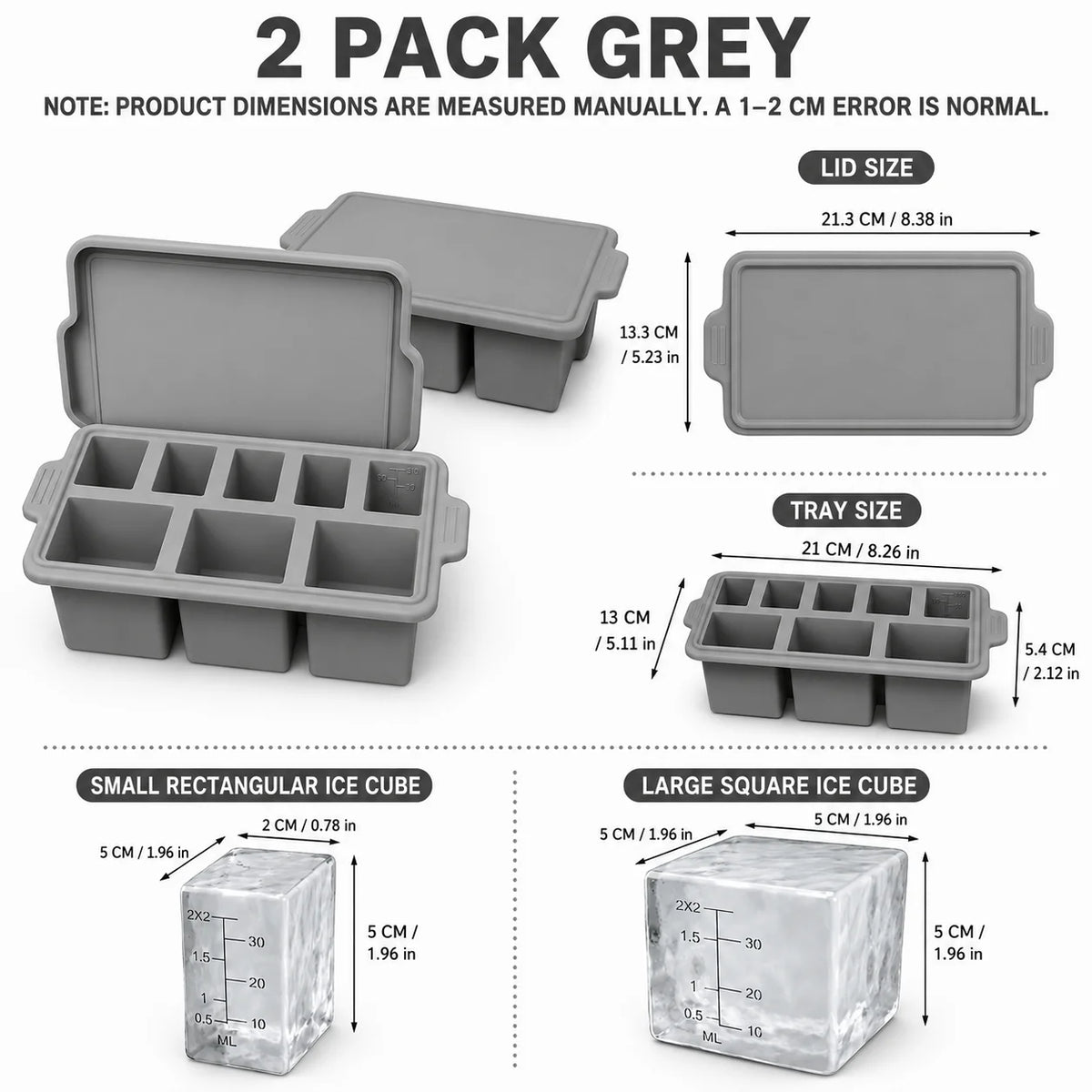 Silicone Ice Cube Tray with Metal Frame & Lid | 8 Large Cubes Silicone Ice Cube Tray Axl 2 Pack Grey
