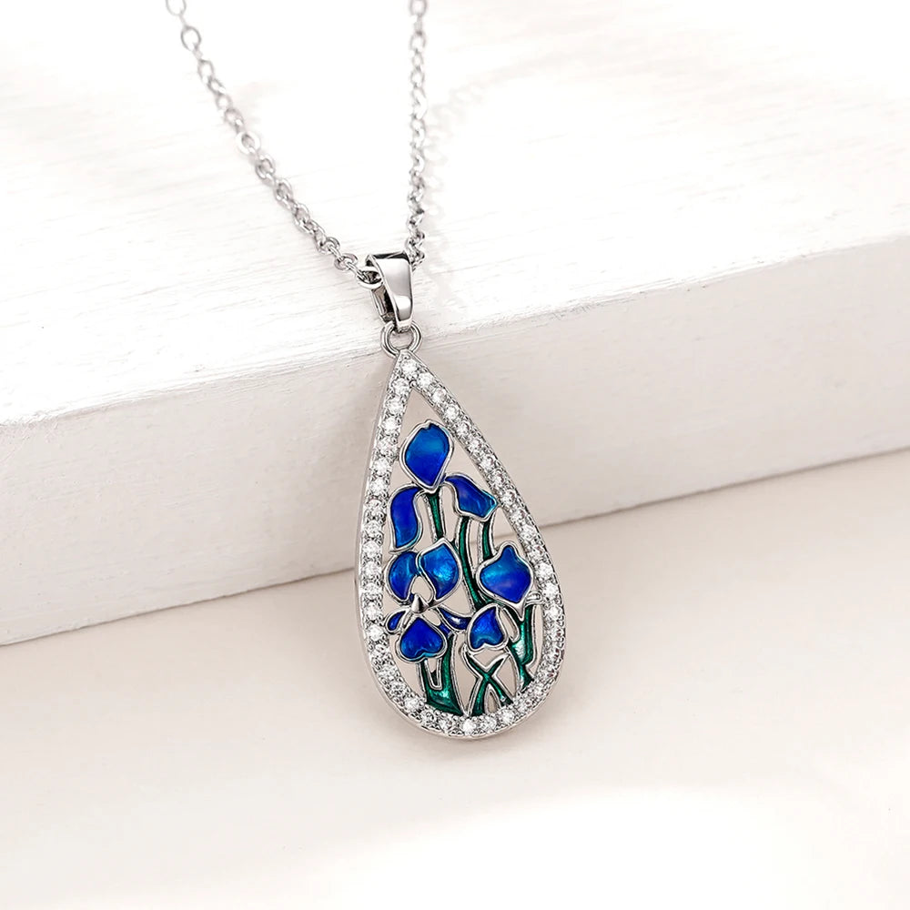 Huitan Blue Flower Enamel Pendant Necklace – Silver Chain Pendant Necklace Axl