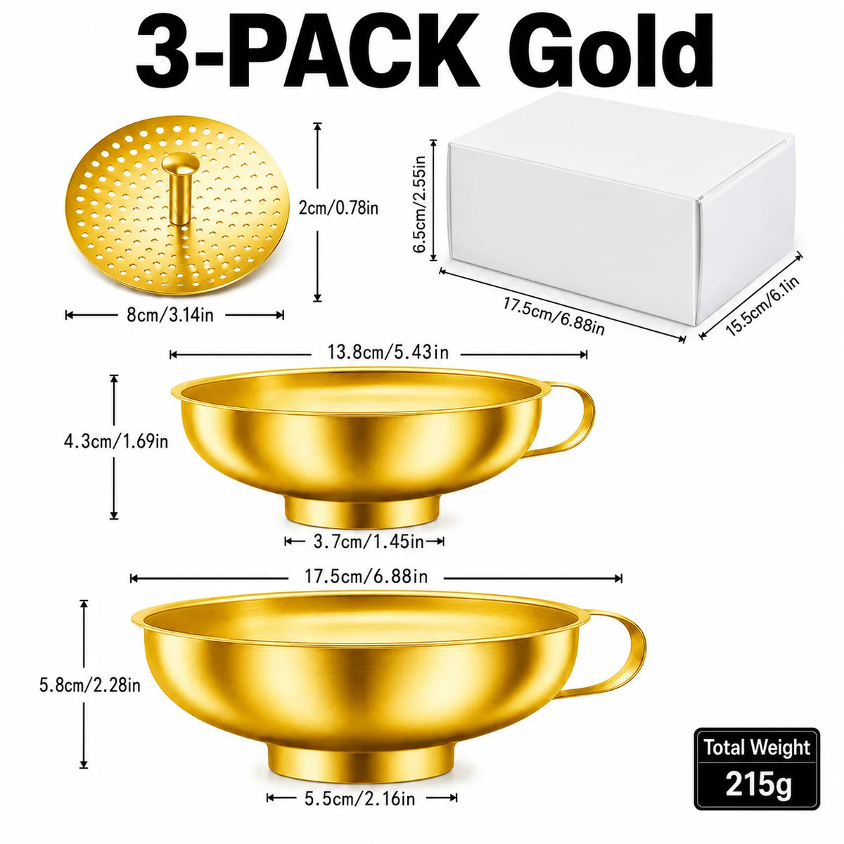 Stainless Steel Wide Mouth Canning Funnel Set with Strainer Kitchen Funnel Set Axl 3 Pack Set Gold