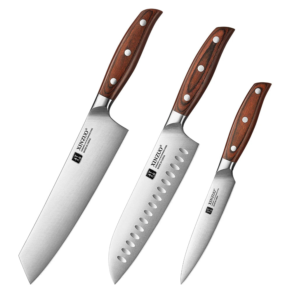 XINZUO 3PC German Steel Knife Set – Santoku, Bunka & Utility Kitchen Knife Set Axl 3pcs Knife Set