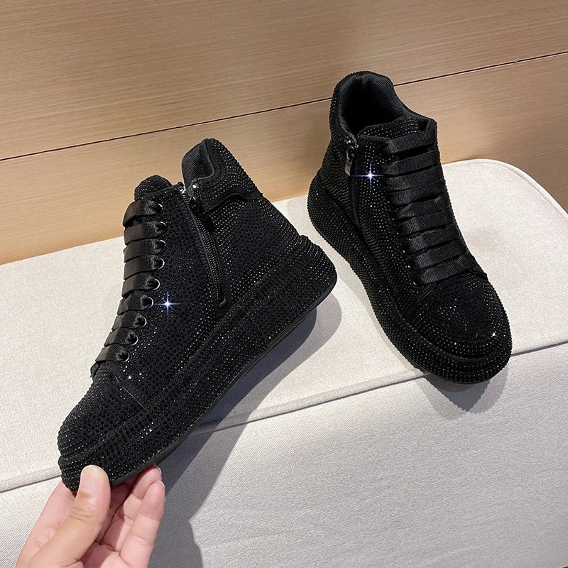 Women's Rhinestone Platform Sneakers – Shiny Lace-Up Casual Shoes Platform Sneakers Axl black 38