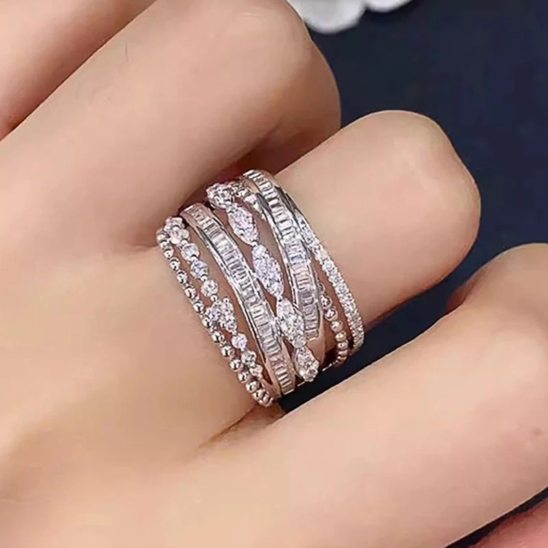 Huitan Wide Cocktail Ring – Multi-Layer CZ Pave Women's Ring Cocktail Ring Axl