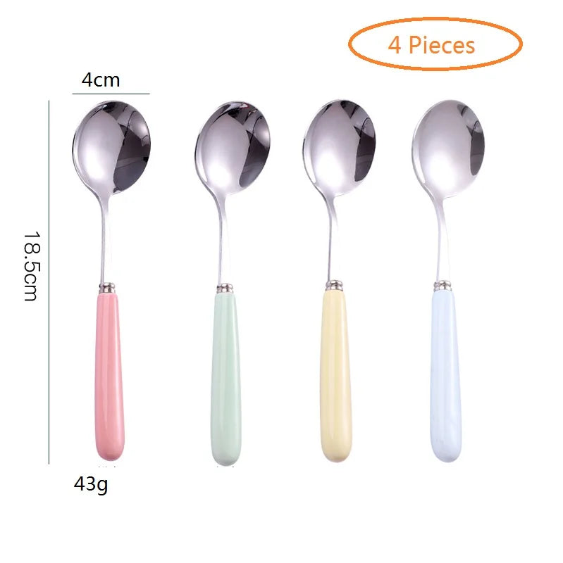 4-Piece Ceramic Handle Dessert Spoons – Stainless Steel Set Dessert Spoon Set Axl